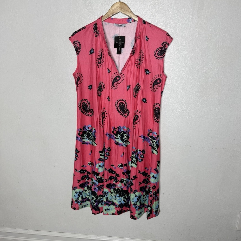 Reborn Floral Paisley Fuschia Pink Stretch Knee Length V-Neck Womens Medium